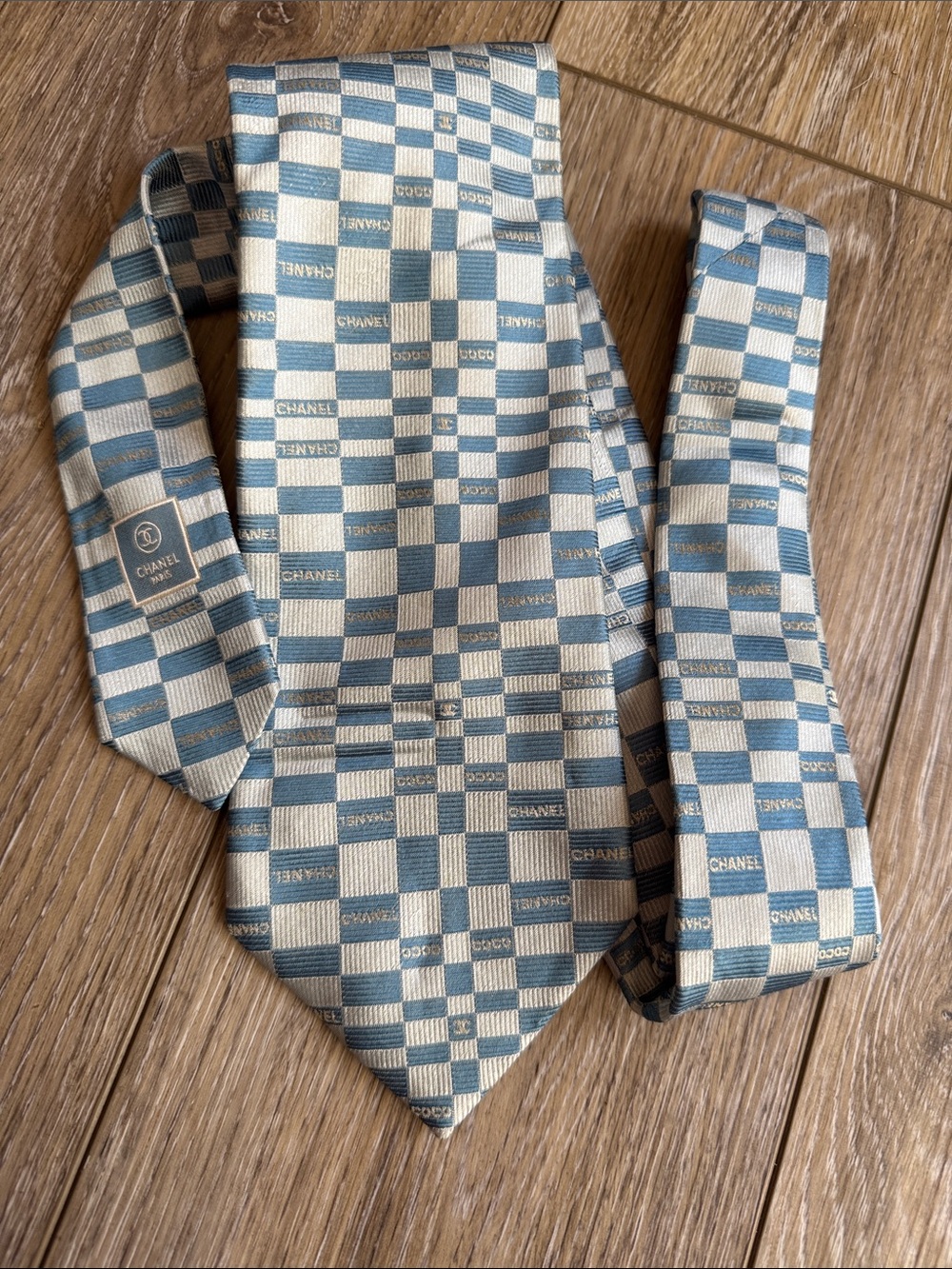 CHANEL Blue and Cream Checkerboard Silk Tie